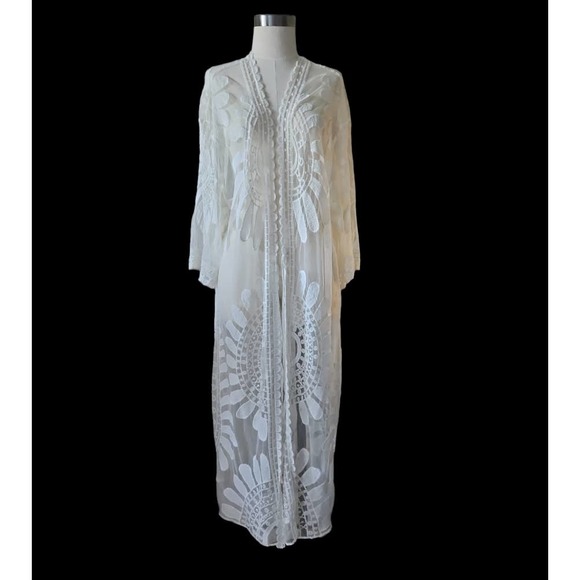 White Embroidered Lace Duster Kimono Long Coverup See through - Picture 2 of 8